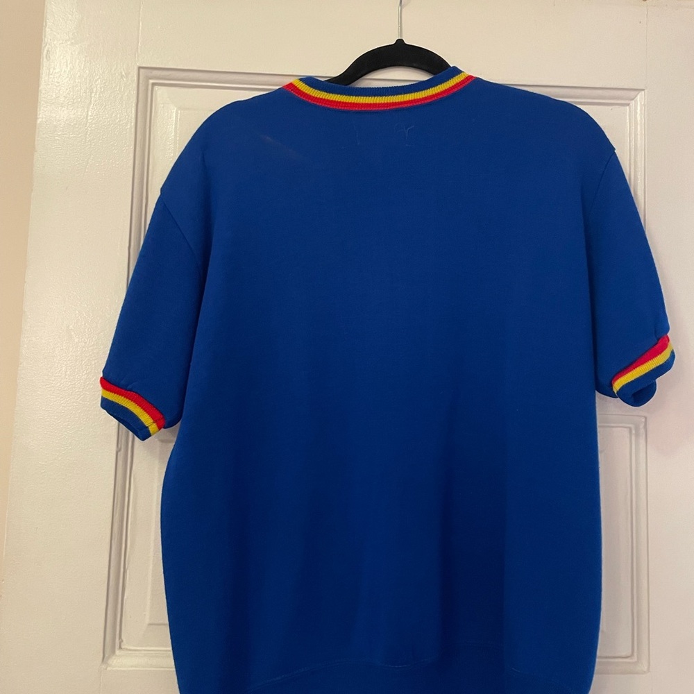 Vintage Blue Graphic short sleeve sweatshirt with Rainbow Trim - Picture 3 of 3
